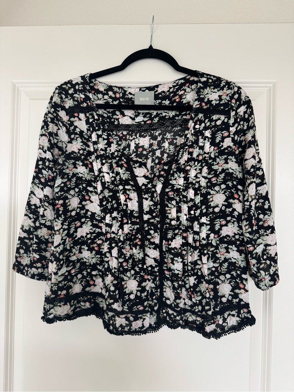 Anthropologie Black Floral Lace-Trim Peasant Top
